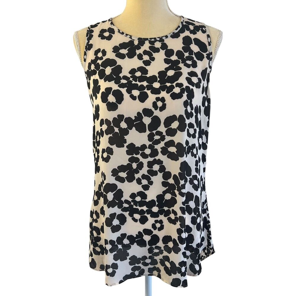 LOFT Sleeveless Blouse Floral Print‎ Casual Top Lightweight Black Cream Size LT
